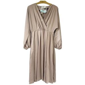 OPT Women Medium Taupe‎ Silky MIDI Dress Low Cut Belted Champange